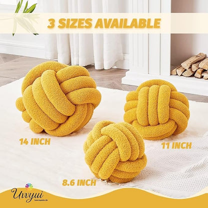 Uvvyui Knot Pillow Ball, Soft Home Decorative Pillows, Round Throw Pillow, Handmade Knotted Plush Pillow, Round Boucle Pillow Cushion (8.6 Inches Dark Yellow)