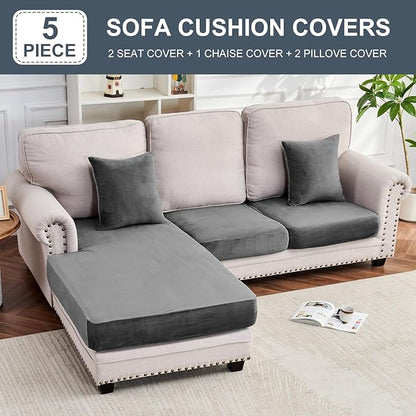 Couch Cover 3-Piece Elastic Velvet Couch Cushion Covers & Chaise Slipcovers for L-Shaped Sofas - Sofa Seat Covers Washable, Soft Protector for Couches (2 Seater + Chaise, Grey)