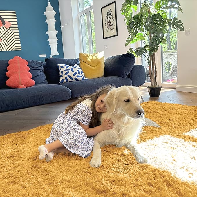 OLANLY 5x7 Machine Washable Large Area Rugs for Living Room, Bedroom, Soft Fluffy Shaggy Bedside Rug, Indoor Floor Carpet for Kids Girls and Boys, Dorms, Nursery, Home Decor Aesthetic, Mustard Yellow