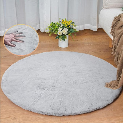 ORINOVA Grey Round Rug 3ft Machine Washable Shaggy Area Rugs for Living Room Faux Bunny Fluffy Fur Rug for Bedroom Small Circle Nursery Rug