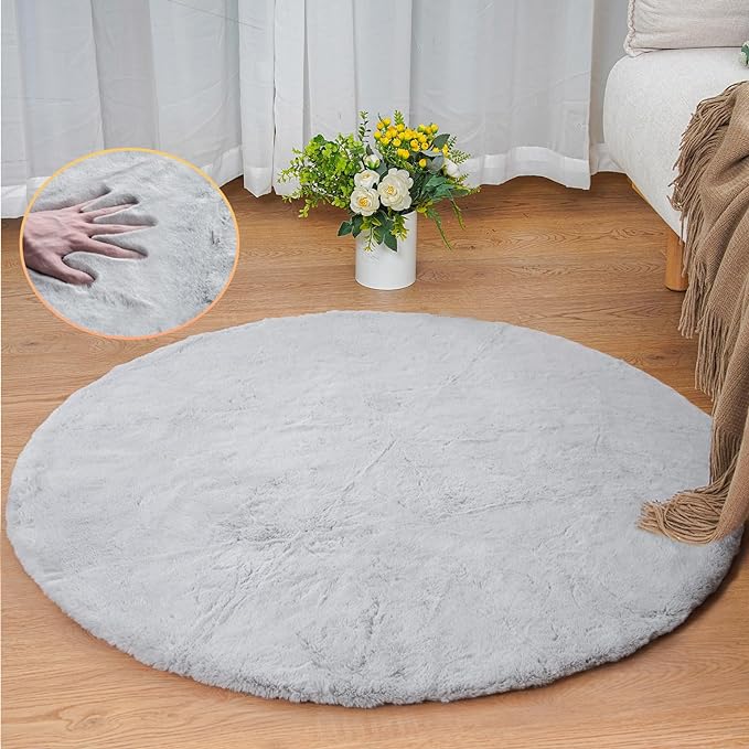 ORINOVA Round Furry Rugs for Living Room Faux Rabbit Fluffy Fur Rug for Bedroom Washable Area Rugs Boho Circle Rug Grey Shag Rug 4ft