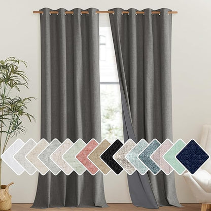 NICETOWN Grizzle Gray Vintage Linen 100% Blackout Curtains for Living Room, Thermal Insulated Curtains 108" Long, Noise Reducing Window Treatment Drapes for Hall Room, 52" Wide Per Panel, Set of 2