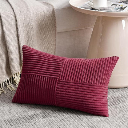 Fancy Homi 2 Packs Burgundy Long Lumbar Decorative Throw Pillow Covers 16x24 Inch for Couch Bed Sofa, Rustic Farmhouse Boho Home Decor, Soft Striped Corduroy Rectangle Accent Cushion Case 40x60 cm
