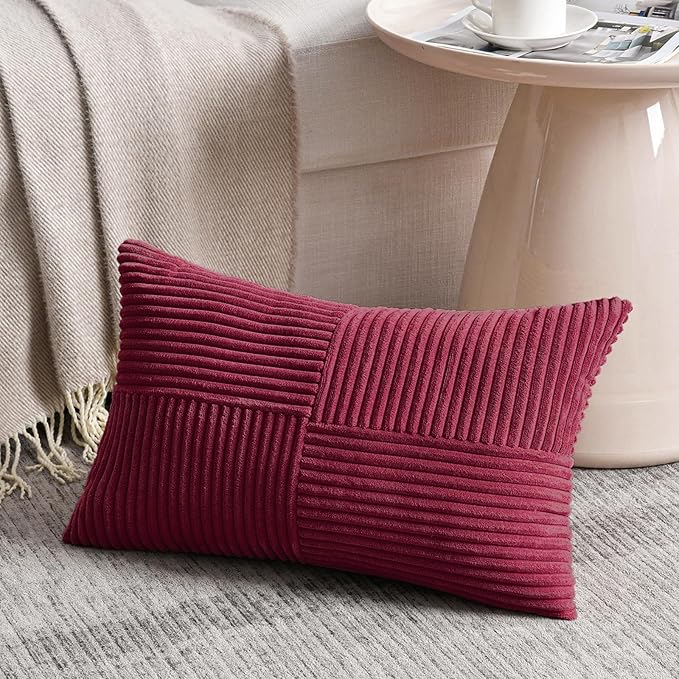 Fancy Homi 2 Packs Burgundy Lumbar Decorative Throw Pillow Covers 16x32 Inch for Living Room Couch Bed, Farmhouse Boho Home Decor, Soft Striped Corduroy Rectangle Accent Cushion Case 40x80 cm