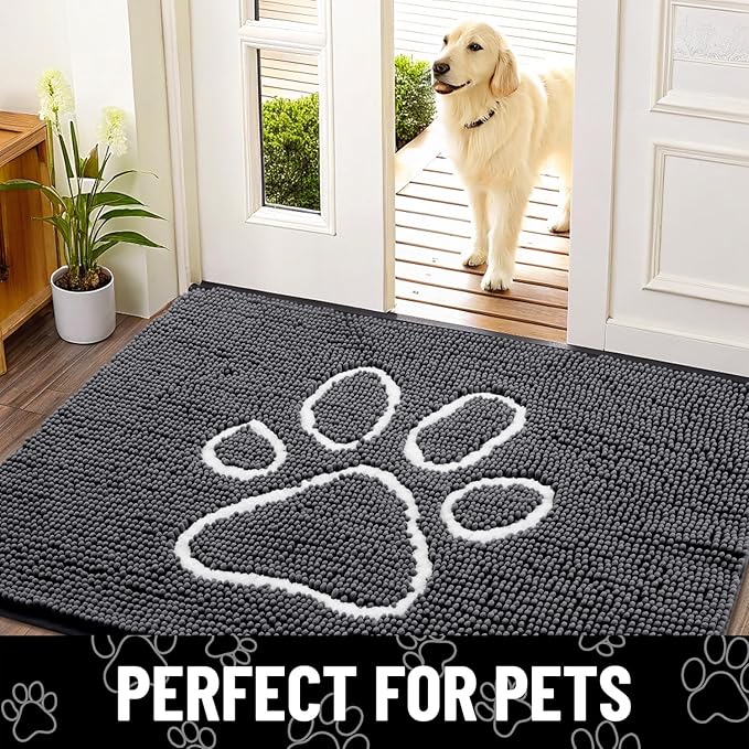 Smiry Dog Door Mat for Muddy Paws, Absorbent Dirt Trapper Non Slip Quick Dry Washable Chenille Mat for Mud Dogs, Entry Rug for Indoor and Outdoor (59x20 Inches, Dark Grey and White)