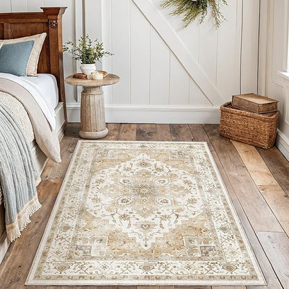 AMADA HOMEFURNISHING 4x6 Washable Area Rug, Low-Profile Entryway Rug with Non-Slip Backing & Durable Edge Binding, Vintage Rugs for Bedroom, Entryway & Kitchen