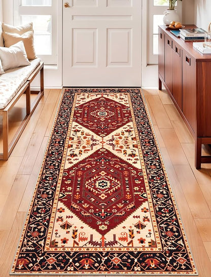SERISSA Boho Washable Runner Rug, 2x5 Rug Runner Non-Slip Vintage Red Black Hallway Kitchen Runner Rug Ultra Soft Print Distressed Floor Carpet Runner for Bedroom Bathroom Laundry Living Room