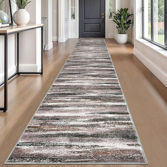 Lansny Modern Abstract Runner Rug 2.6x18, Dark Light Brown White Washable Long Kitchen Runner Non-Slip Soft Hallway Rug Runner Thin Print Faux Wool Carpet for Entryway Bedroom Laundry Room Indoor