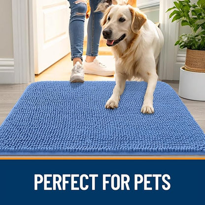 OLANLY Dog Door Mat for Muddy Paws 48x30, Absorbs Moisture and Dirt, Absorbent Non-Slip Washable Doormat, Quick Dry Chenille Mud Mat, Entry Indoor Entryway Carpet for Inside Floor, Cornflower Blue