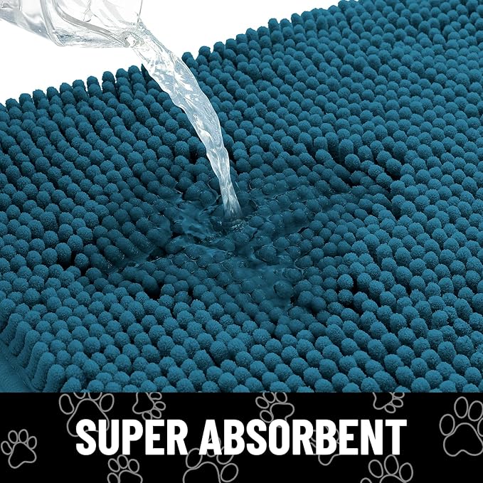 Smiry Dog Door Mat for Muddy Paws, Absorbent Dirt Trapper Non Slip Quick Dry Washable Chenille Mat for Mud Dogs, Entry Rug for Indoor and Outdoor (30x20 Inches, Atlantic Blue and White)