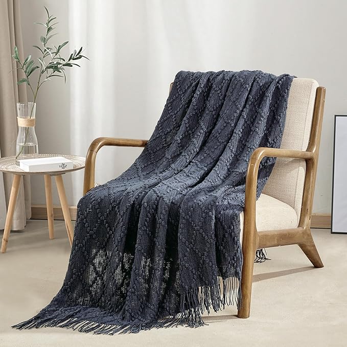 BOURINA Navy Throw Blanket 50 x70 Inches Jacquard Argyle Throw Textured Solid Soft Throws and Blankets for Sofa or Bed Knitted Decorative Blanket