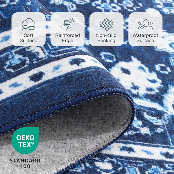 Lofus 5x7 Area Rugs for Living Room, Machine Washable Non-Slip Area Rug, Low Pile Large Rugs for Bedroom, Kitchen, Dining Room, Home Office, Vintage Oriental Print Rug, Dark Blue with White