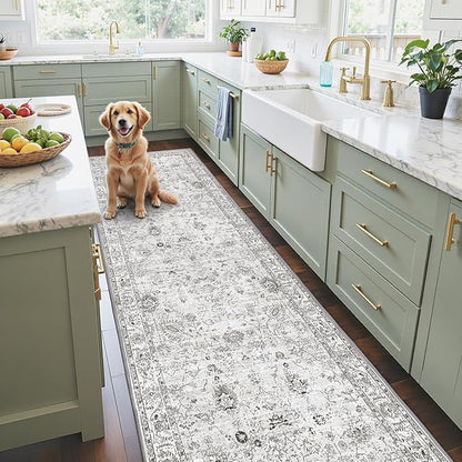 Grey Rug for Hallways Kitchen Rug 2x8, Non Slip Washable Rugs with Rubber Backing Soft Floral Carpet Runner for Hallways, Kitchen, Laundry, Bedroom, Bathroom (2 x 8, Grey)