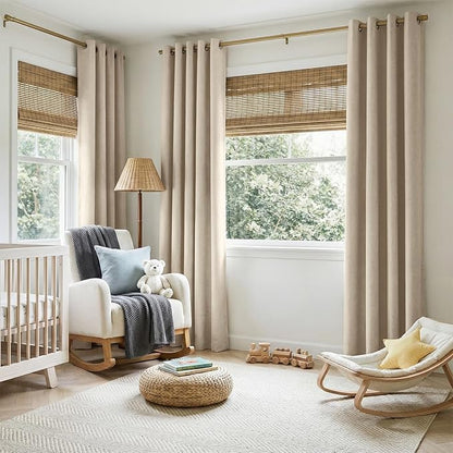 100% Blackout Shield Linen Blackout Curtains for Bedroom, Natural Flax Grommet Curtains for Living Room, Thermal Insulated Room Darkening Drapes for Nursery, Boho Home Decor, 50" W x 108" L, 2 Panels