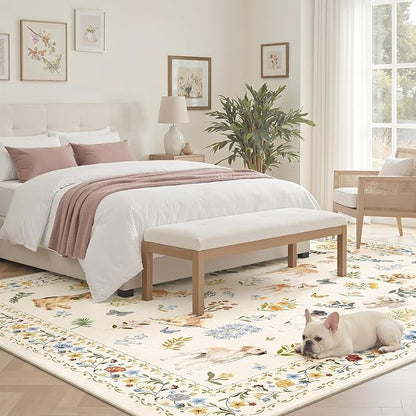 Dog 6x9 Area Rugs for Living Room, Machine Washable Animal Floral Vintage Rug Non-Slip Low Pile Soft Throw Rugs for Bedroom Dining Room Kitchen Nursery Playroom (6 x 9,Beige)