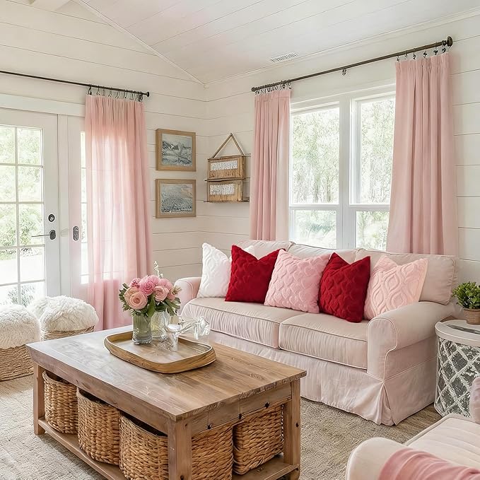 decorUhome Valentine’s Day Soft Plush Throw Pillow Covers 18x18 Inch Set of 2, Faux Fur Pink Heart Decoration Neutral Square Pillow Covers for Couch Sofa Bed Cozy Farmhouse Holiday Decor
