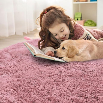 OLANLY Pale Pink Round Rugs for Bedroom - Machine Washable, 4 ft Circle Area Rugs for Living Room, Soft and Fluffy Shaggy Carpet for Teen Girls and Boys, Nursery Rooms, Dorms, Home Decor Aesthetic