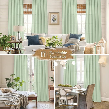 LAMIT Light Green Linen Window Curtains 63 Inch Length, Light Filtering Neutral Privacy Curtain Panels Farmhouse Rod Pocket Living Room Drapes for Bedroom, 2 Panels, 52 x 63 Inch