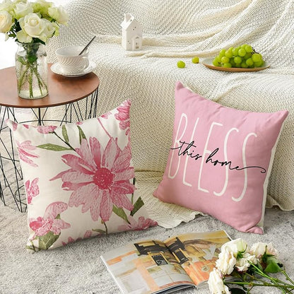 AVOIN colorlife Home Sweet Home Spring Summer Flowers Pink Throw Pillow Covers, 18 x 18 Inch Cushion Case for Sofa Couch Set of 4