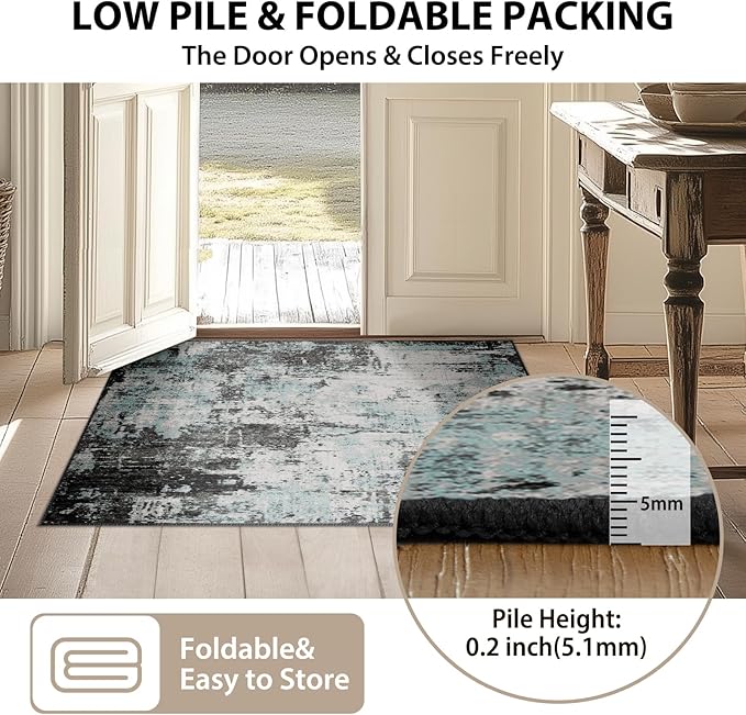 Washable Area Rugs Square 8ft Non-Slip Modern Abstract Soft for Living Room Entryway Bedroom Nursery, Print Pattern, Blue Black Teal