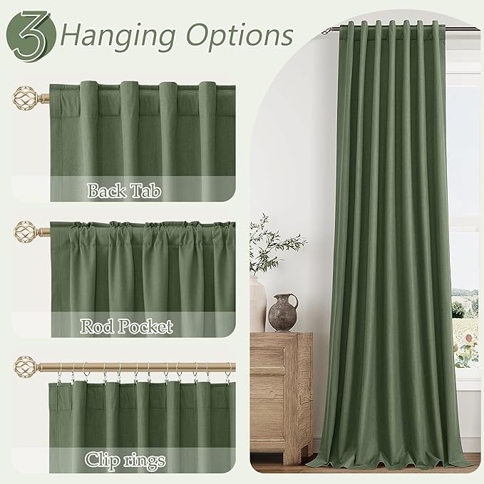 Guken Olive Green 100% Blackout Curtains 120 Inch Length 2 Panels Set for Living Room Bedroom Back Tab Thermal Insulated Black Out Linen Drapes Room Darkening Window Curtains