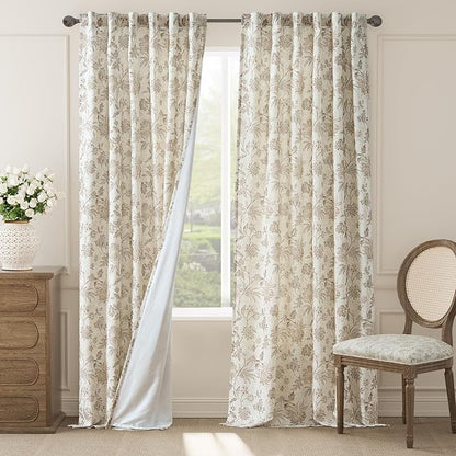 jinchan Lined Linen Floral Curtains for Living Room, 96 Inch Length Printed Flower Farmhouse Patterned French Country Back Tab Taupe Window Drapes Set Privacy Bedroom Curtains, 2 Panels