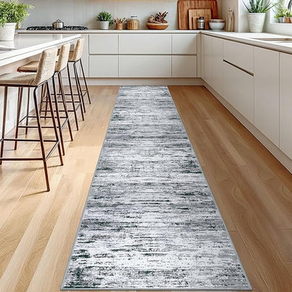 Lansny Modern Abstract Runner Rug 2.6x12, Black Grey White Washable Long Kitchen Runner Non-Slip Soft Hallway Rug Runner Thin Print Faux Wool Carpet for Entryway Bedroom Laundry Room Indoor Home Decor