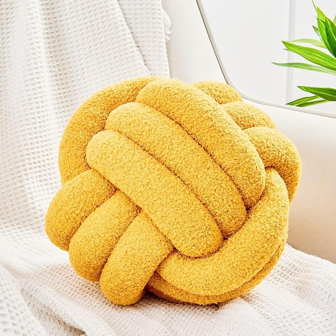 Uvvyui Knot Pillow Ball, Soft Home Decorative Pillows, Round Throw Pillow, Handmade Knotted Plush Pillow, Round Boucle Pillow Cushion (8.6 Inches Dark Yellow)