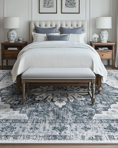 Area Rugs 9'x12' Washable Non-Slip, Floral Vintage Distress Print Pattern Medallion Carpet for Living Room Bedroom Dining Room, Light Gray Grey White