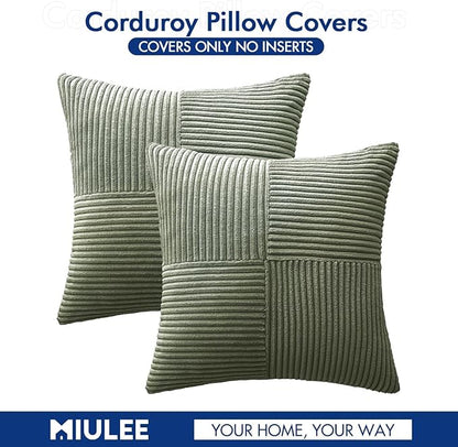 MIULEE Light Olive Green Decorative Throw Pillow Covers 18x18 Inch for Couch Bed Sofa Pack of 2 Boho Farmhouse Throw Pillows Soft Cross Corduroy Patchwork Textured Cushion Cases