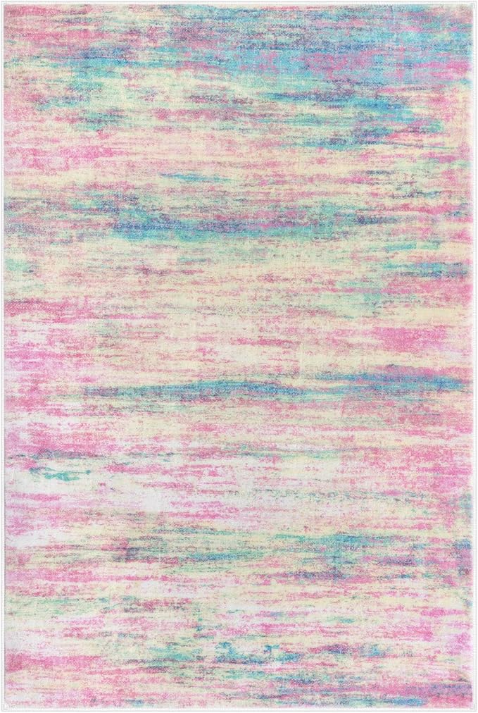KOZYFLY Pink Nursery Rug for Baby Girl, Washable Thin Area Rugs 5x7 for Kids Bedroom Dorm Playroom, Non-Slip Faux Wool Soft Low Pile Living Room Rug for Dining Room, Kitchen Bathroom
