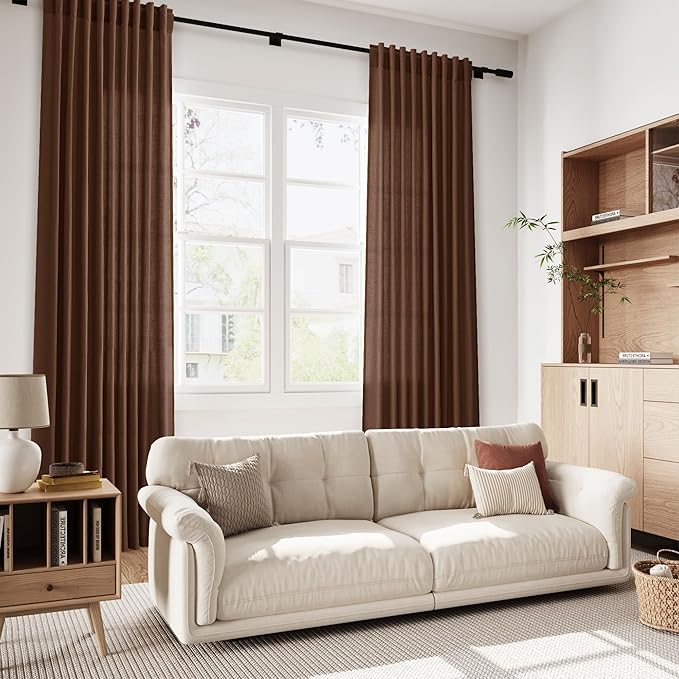 Mocha Brown Linen Curtains 102 Inches Long Rod Pocket Back Tab Drapes 2 Panels for Living Room Bedroom Light Filtering Semi Sheer Rustic Brown Curtain for Patio Door Dining Room52x102