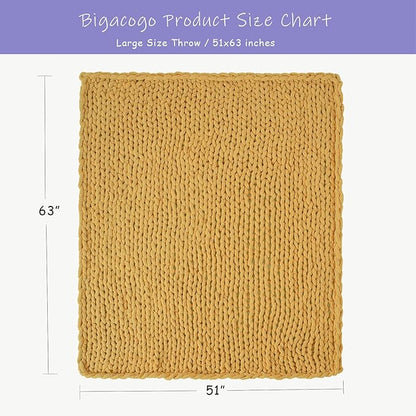 Bigacogo Chunky Knit Throw Blanket for Couch, 51x63 inches, 100% Hand Knitted with Thick Jumbo Chenille Yarn, Cozy Soft Large Rope Knot Cable Crochet Blankets for Sofa Bed Living Room, Mustard Yellow