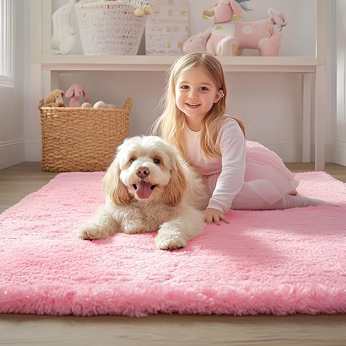 OLANLY 5x8 Machine Washable Large Area Rugs for Living Room, Bedroom, Soft Fluffy Shaggy Bedside Rug, Indoor Floor Carpet for Kids Girls and Boys, Dorms, Nursery, Home Decor Aesthetic, Pink