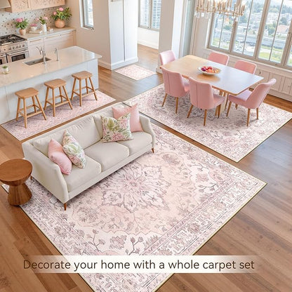 RELEANY Area Rugs 2'x8' Runner Rug Non Slip Washable for Kitchen Hallway Bedroom Beside Laundry Room Bathroom Rug, Floor Carpet, Pink Greypink Cute