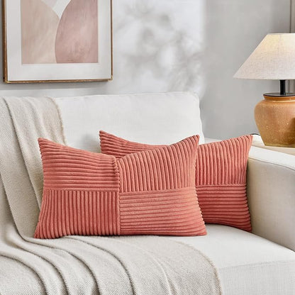 Fancy Homi 2 Packs Coral Lumbar Decorative Throw Pillow Covers 16x28 Inch for Living Room Couch, Rustic Farmhouse Boho Home Decor, Soft Striped Corduroy Rectangle Accent Peach Cushion Case 40x70 cm