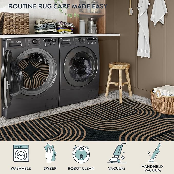 Lahome Enfys Modern Geometric Outdoor Easy Jute Rug, 5x7 Patio Living Room Rug Large Black Carpet for Bedroom, Farmhouse Washable Indoor Outdoor Carpet for Dining Room Backyard Deck