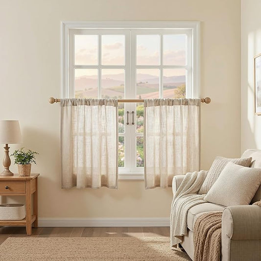 MYSKY HOME Semi Sheer Light Oatmeal Curtains 36 Inches Long for Kitchen 2 Panels, Light Filtering Cream Tiers Curtains Rod Pocket Neutral Window Drapes for Bathroom/Cafe/Basement, Taupe, 34 x 36 Inch