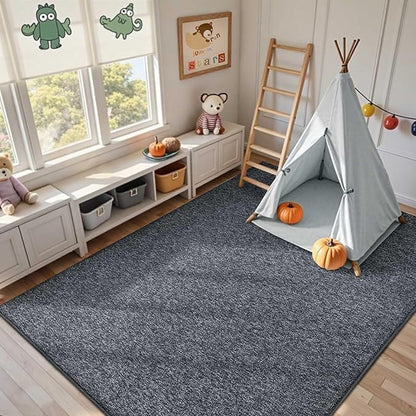 FinRèc 7x10 Washable Area Rugs for Bedroom Living Room, Low Pile Thin Rug Solid Color, Non-Slip Carpet Indoor for Home Decor (Grey)
