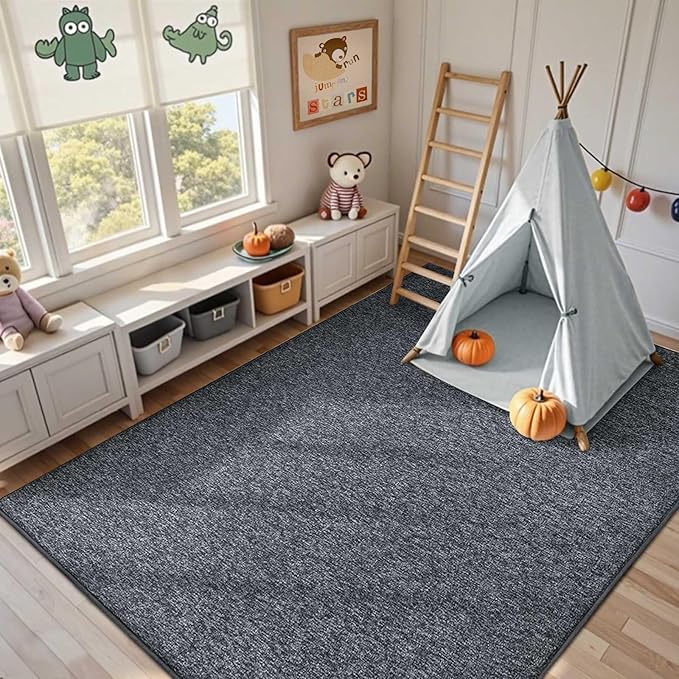 FinRèc 4x6 Washable Area Rugs for Bedroom Living Room, Low Pile Thin Rug Solid Color, Non-Slip Carpet Indoor for Home Decor (Grey)