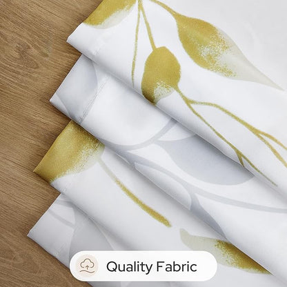 HOMEIDEAS Non-See-Through Gold and White Privacy Sheer Curtains 52 X 96 Inches Long 2 Panels, Leaf Floral Printed Light Filtering Semi Sheer Window Curtains Drapes for Bedroom Living Room