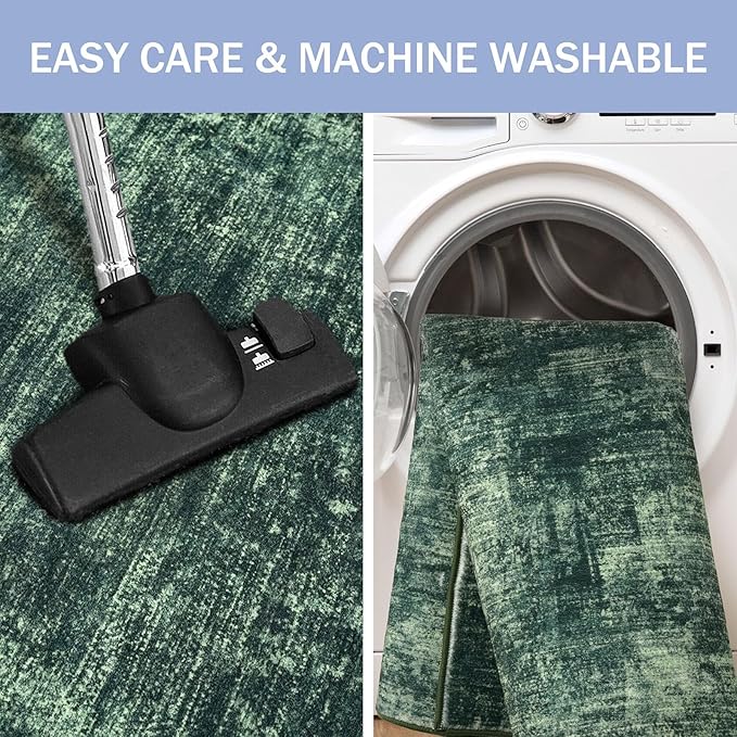 IOHOUZE Abstract Runner Rug 2x8 Ft Washable Runners for Hallways, Non Slip Kitchen Runner Printed Faux Wool Entryway Runner Indoor, Modern Abstract Floor Carpet for Hall Kitchen Bedroom, Dark Green