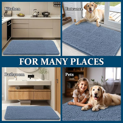 OLANLY Dog Door Mat for Muddy Paws 59x20, Absorbs Moisture and Dirt, Absorbent Non-Slip Washable Doormat, Quick Dry Chenille Mud Mat for Dogs, Entry Indoor Entryway Carpet for Inside Floor, Airy Blue