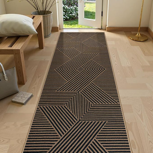 Lahome Enfys Modern Geometric Runner Rug, 2x8 Washable Rug Runners for Hallways Non Slip, Black Outdoor Carpet with Rubber Backing, Farmhouse Non Shedding Kitchen Mats for Floor Entryway