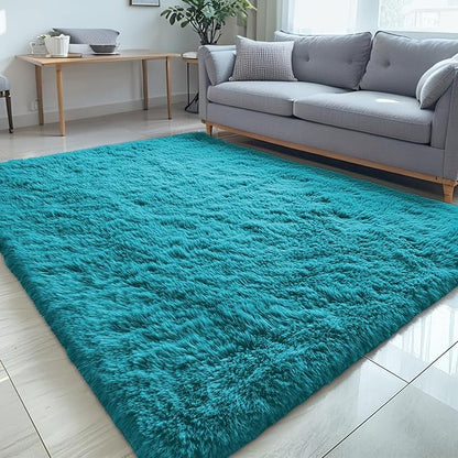 OLANLY 5x8 Machine Washable Large Area Rugs for Living Room, Bedroom, Soft Fluffy Shaggy Bedside Rug, Indoor Floor Carpet for Kids Girls and Boys, Dorms, Nursery, Home Decor Aesthetic, Teal