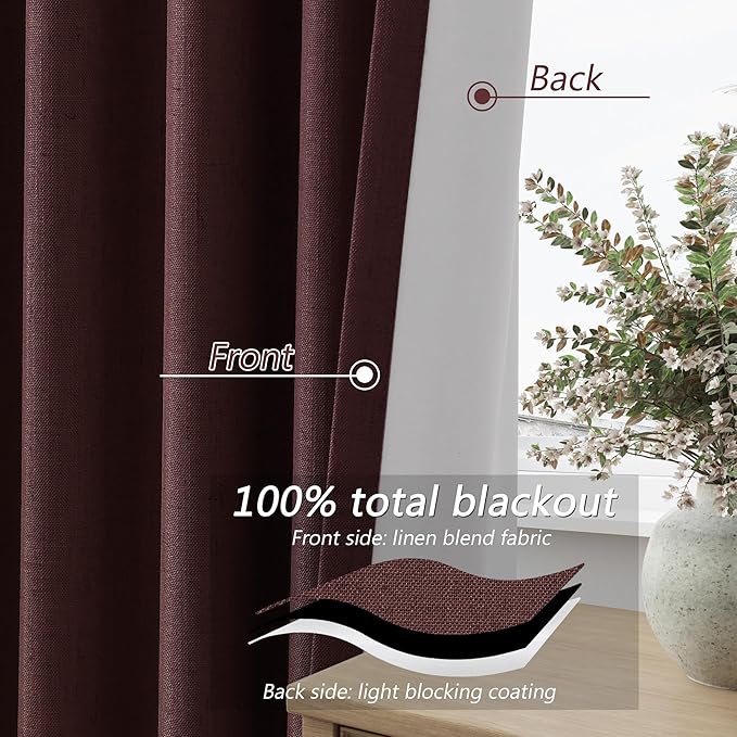 Guken Reddish Brown 100% Blackout Linen Curtains 120 Inch Length 2 Panels Set for Living Room Bedroom Back Tab/Rod Pocket Thermal Insulated Farmhouse Black Out Drapes Room Darkening,52x120