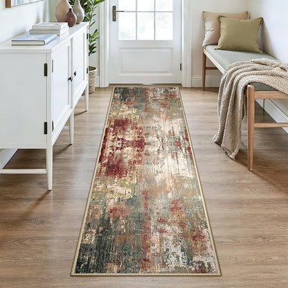 Washable Area Rugs 2'6''x8 Non-Slip Modern Abstract Soft for Living Room Entryway Bedroom Nursery, Print Pattern, Brown Rust Red Green Blue Multi