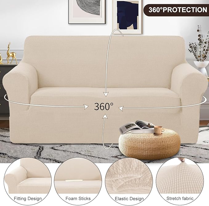 U-NICE HOME Oversized Stretch Loveseat Couch Cover Sofa Covers Washable Sofa Slipcover Furniture Protector for 2 Cushion Couch Sofa Pet Friendly, Beige
