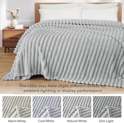 Exclusivo Mezcla California King Size Flannel Fleece Blanket, Super Soft Striped Jacquard Bed Oversized Blanket, Lightweight Fuzzy Cozy for All Seasons, 120x120 Inches, Light Grey