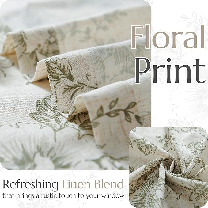 jinchan Pinch Pleated Curtains Floral Linen Blend Curtains for Living Room 96 Inches Length Green Peony Flower Printed Curtain Rod Pocket Back Tab Farmhouse Drapes with Hooks Set 2 Panels